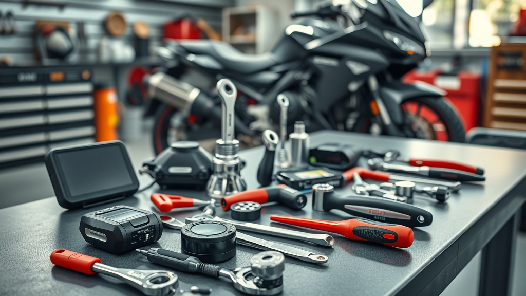 organized motorcycle repair tools and diagnostic equipment laid out in a bright northwest Chicago suburbs repair shop - tools and diagnostic, motorcycle repair, repair services