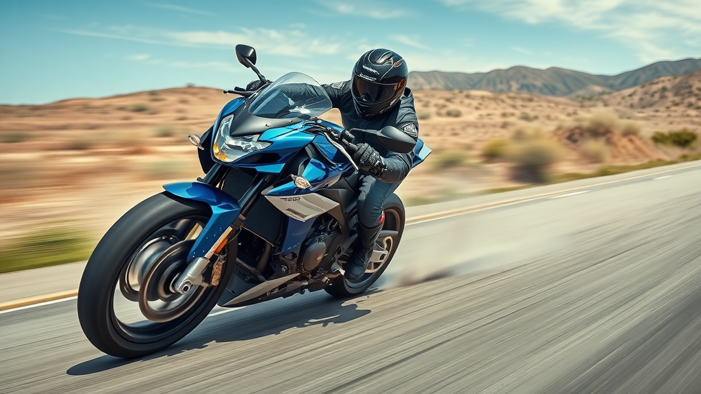 dynamic sport motorcycle speeding down an open highway with engine remapping for motorcycles, rider leaning into a turn, photorealistic lifelike
