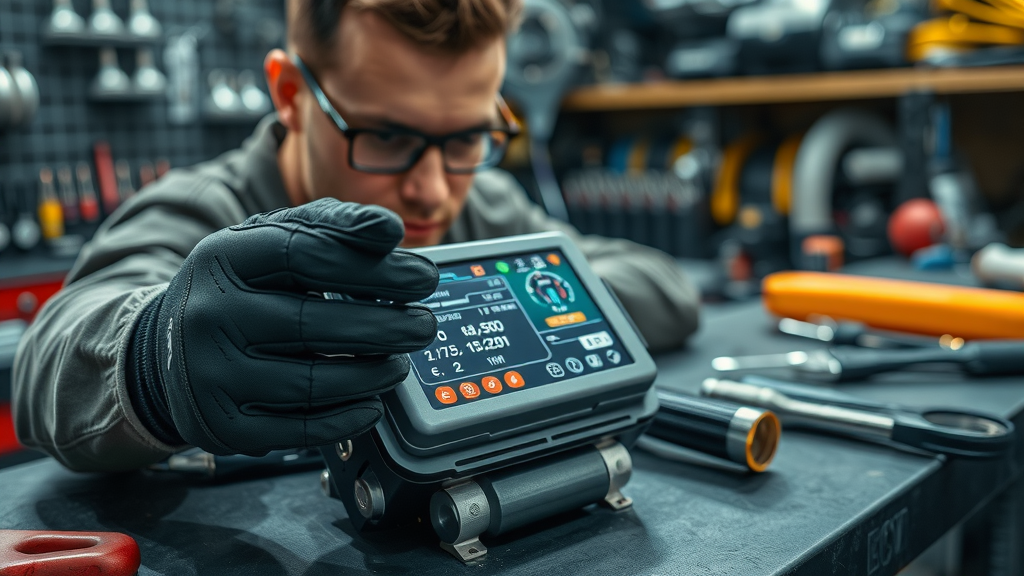 modern motorcycle ECU computer module for ecu remap, technician analyzing diagnostic tool data, engine remapping for motorcycles in a garage workshop