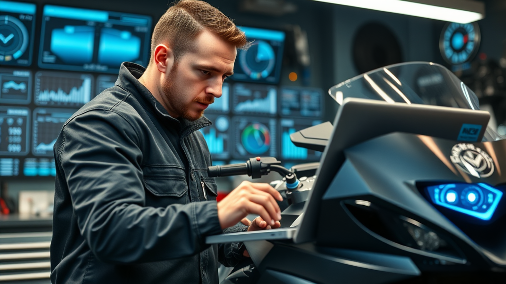 motorcycle technician performing ecu remap and tuning with laptop during engine remapping for motorcycles, highly detailed workshop