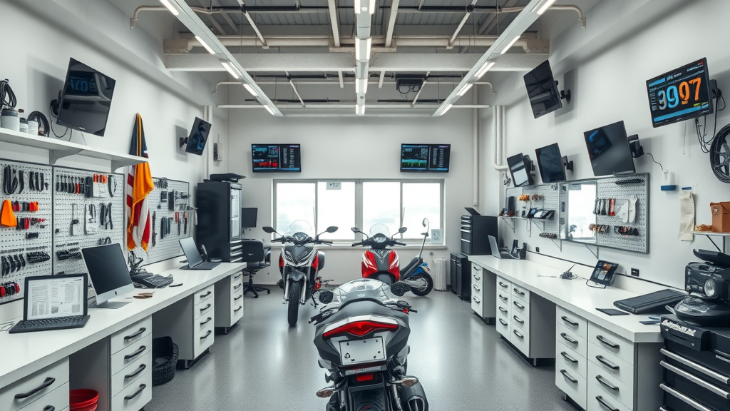 clean motorcycle workshop with digital displays, organized tools, warranty paper discussion, engine remapping for motorcycles