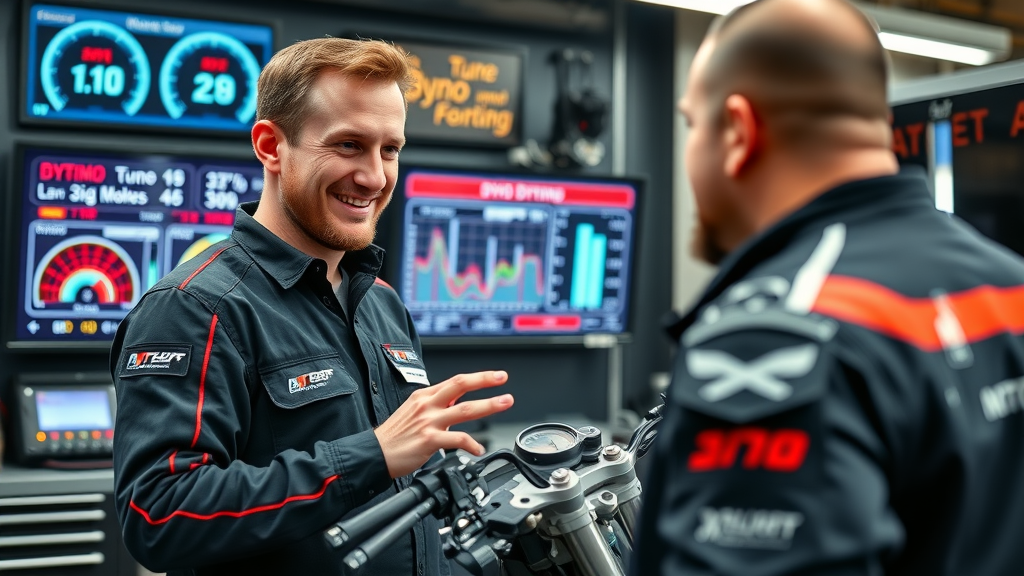 expert motorcycle tuner checking dyno results after ecu tuning, engine remapping for motorcycles, in a high-tech shop