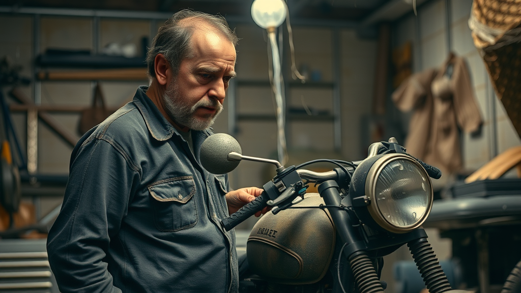 concerned owner inspecting a neglected motorcycle in a cluttered storage unit