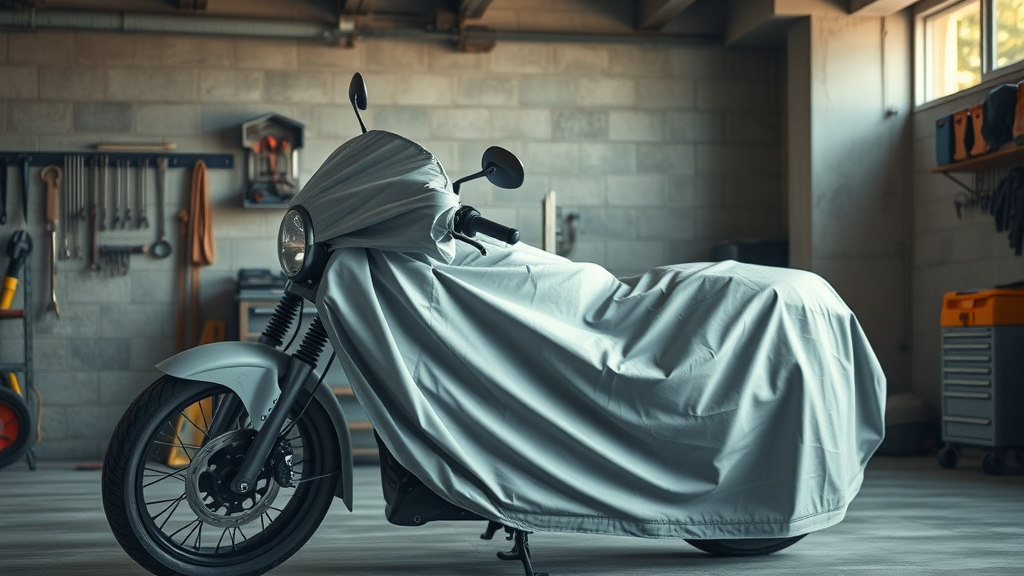 motorcycle covered with a premium fitted motorcycle cover in long-term storage