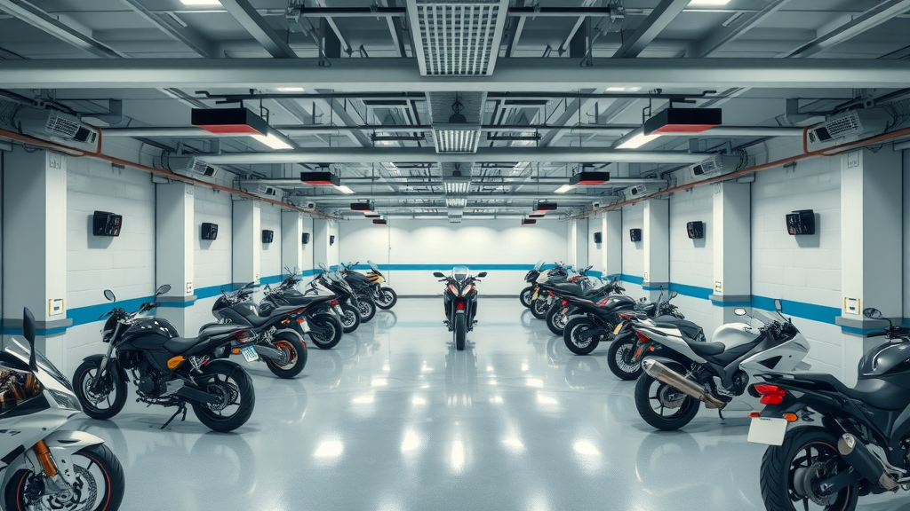 organized motorcycle storage area with climate control and security for long-term motorcycle storage