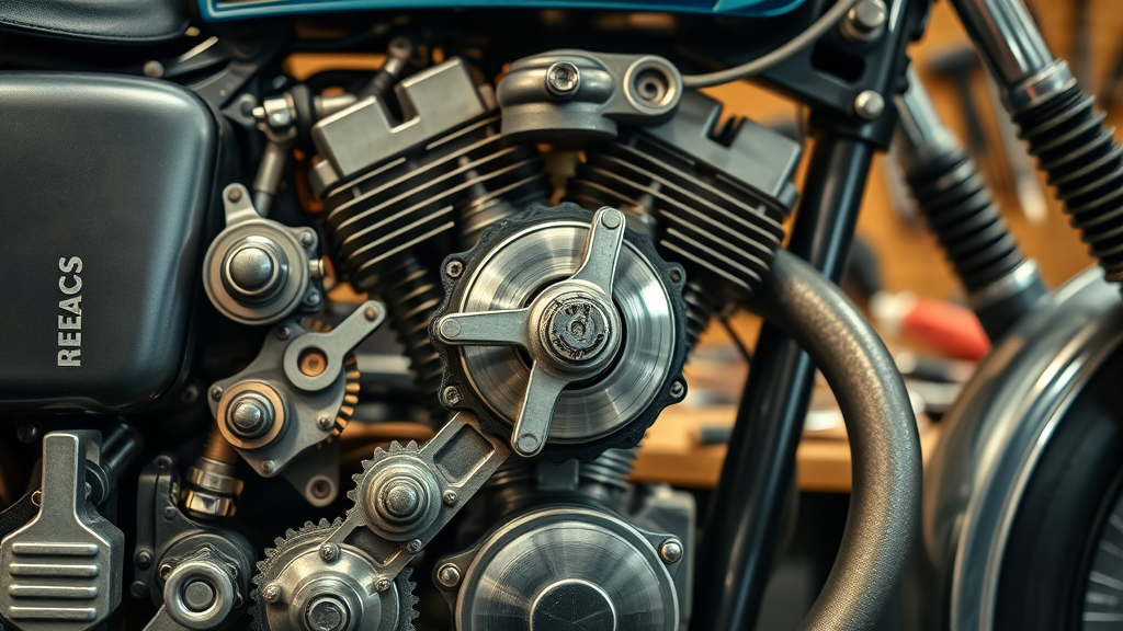 Detailed close-up of classic motorcycle engine, mechanical artistry, intricate parts, historic motorcycle collection