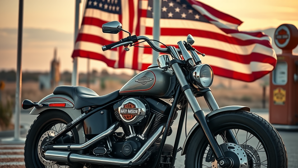 Rugged vintage Harley Davidson motorcycle icon, historic motorcycle, American flag, classic gas station background