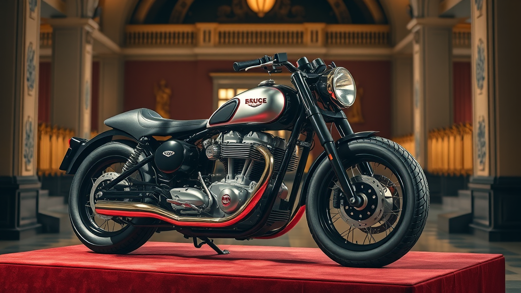 Sleek Brough Superior SS100, elite historic motorcycle, art deco museum, dramatic spotlighting