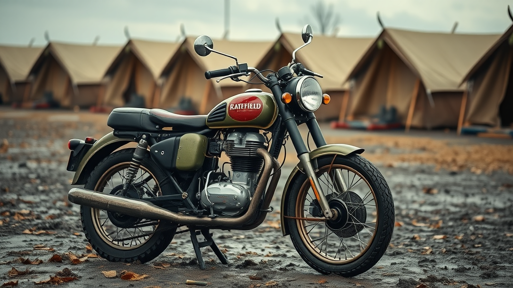 Battle-worn Royal Enfield motorcycle, World War II, standing on muddy battlefield, historic motorcycle