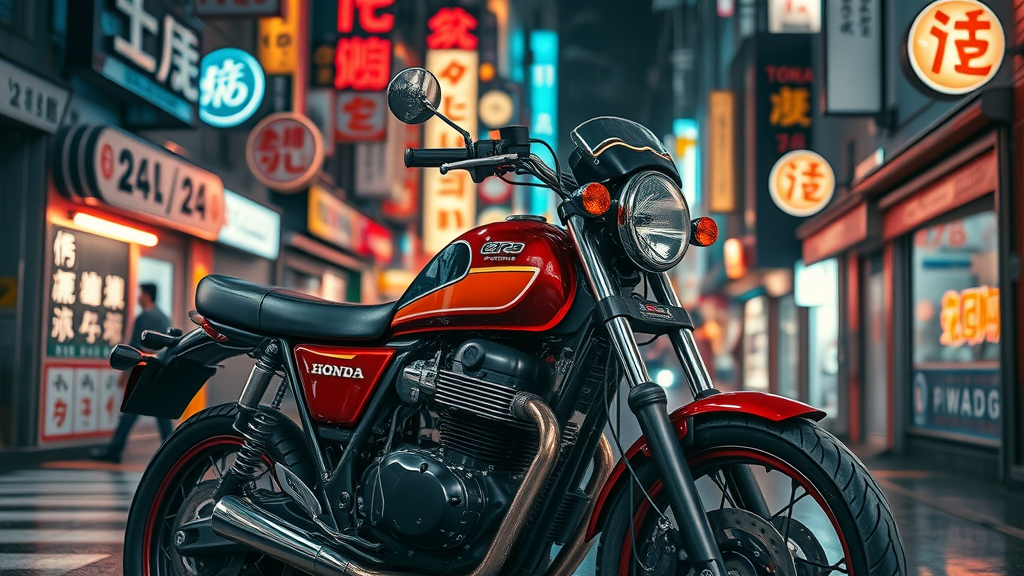 Iconic Honda CB750, classic Japanese motorcycle, neon-lit city, historic motorcycle brand