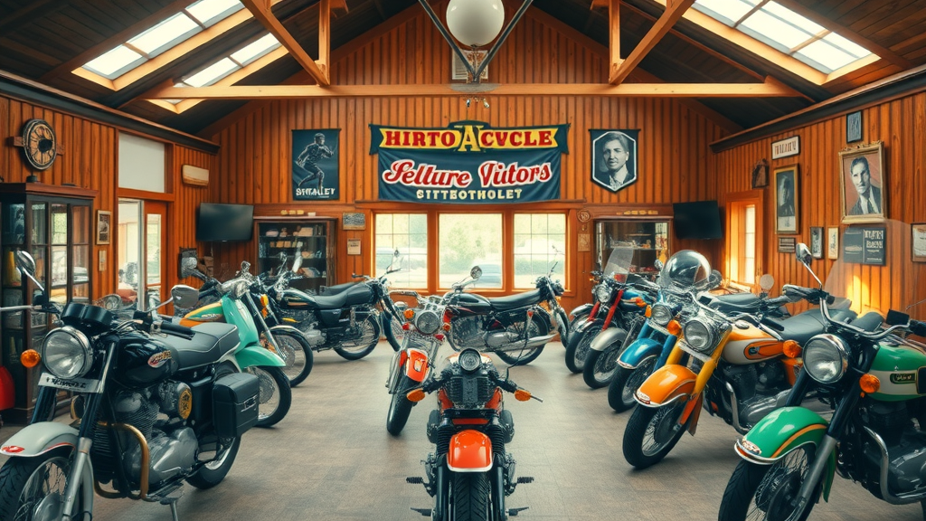 Eclectic vintage motorcycle collection, historic motorcycles displayed in retro-themed collector