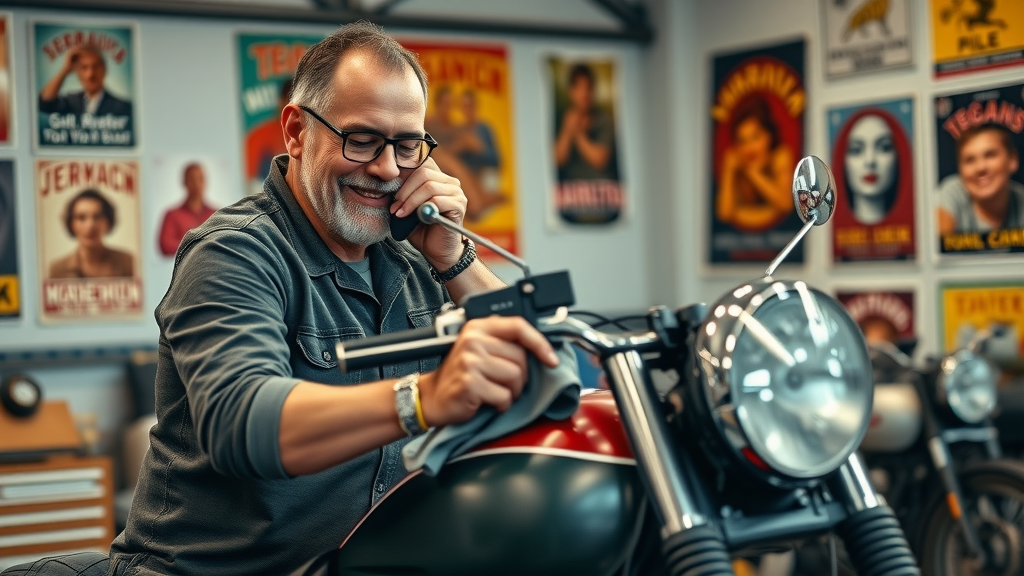 Proud motorcycle restorer polishing a meticulously restored classic historic motorcycle, vintage posters background