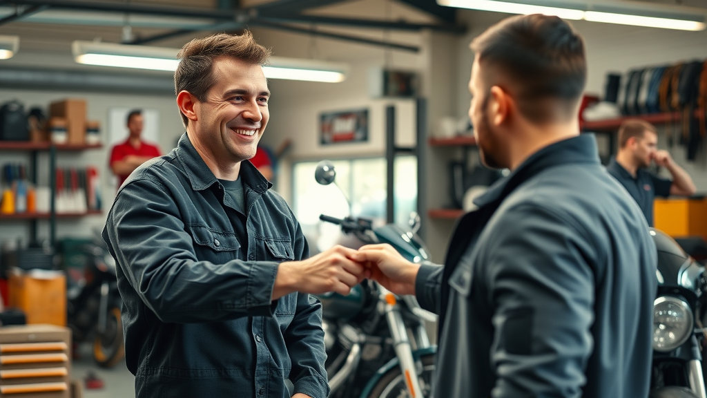Vibrant motorcycle service center near me: organized garage and friendly mechanic, motorcycle dealer