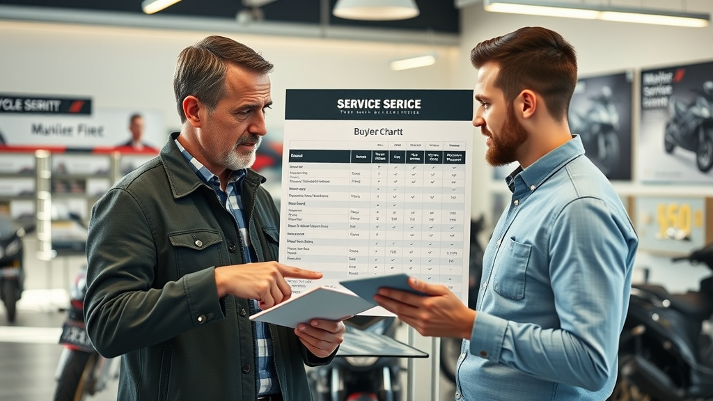 Comparative chart of motorcycle service centers near me, buyer discussing service options at motorcycle dealer