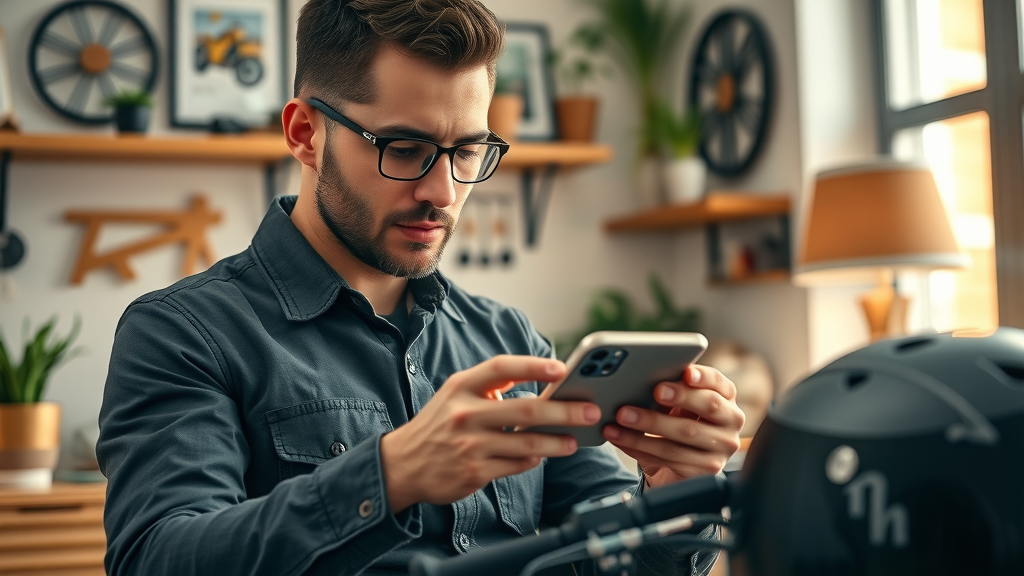 Confident rider researching motorcycle service centers near me, reading dealer reviews, home office, motorcycle helmet