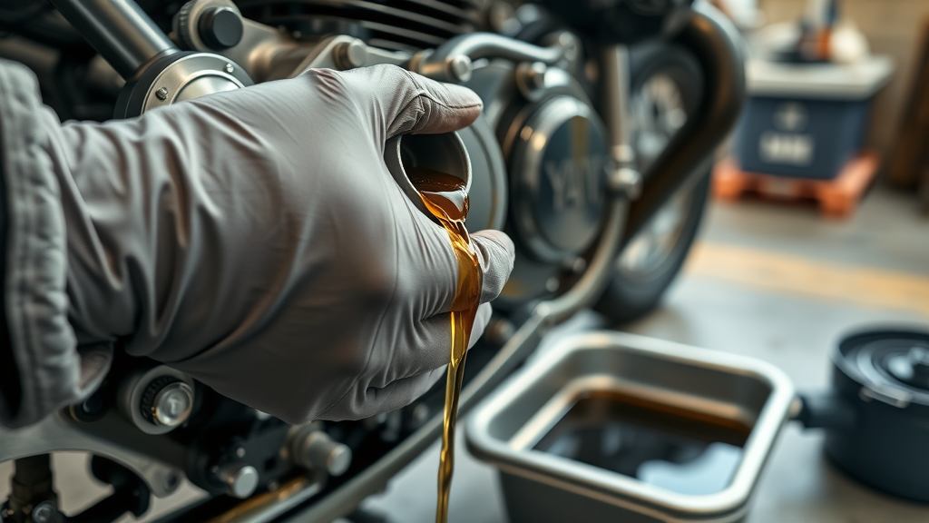 spring motorcycle maintenance checklist: Gloved hands expertly draining oil from a motorcycle engine in a well-lit workshop