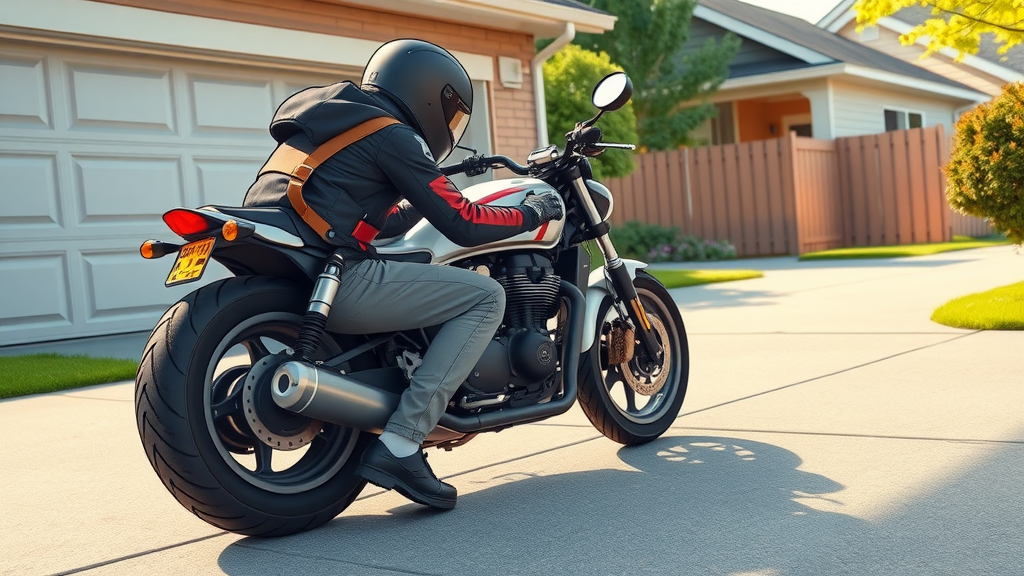 spring motorcycle maintenance checklist: Rider checking motorcycle tire pressure on a sunny driveway with clear tread patterns
