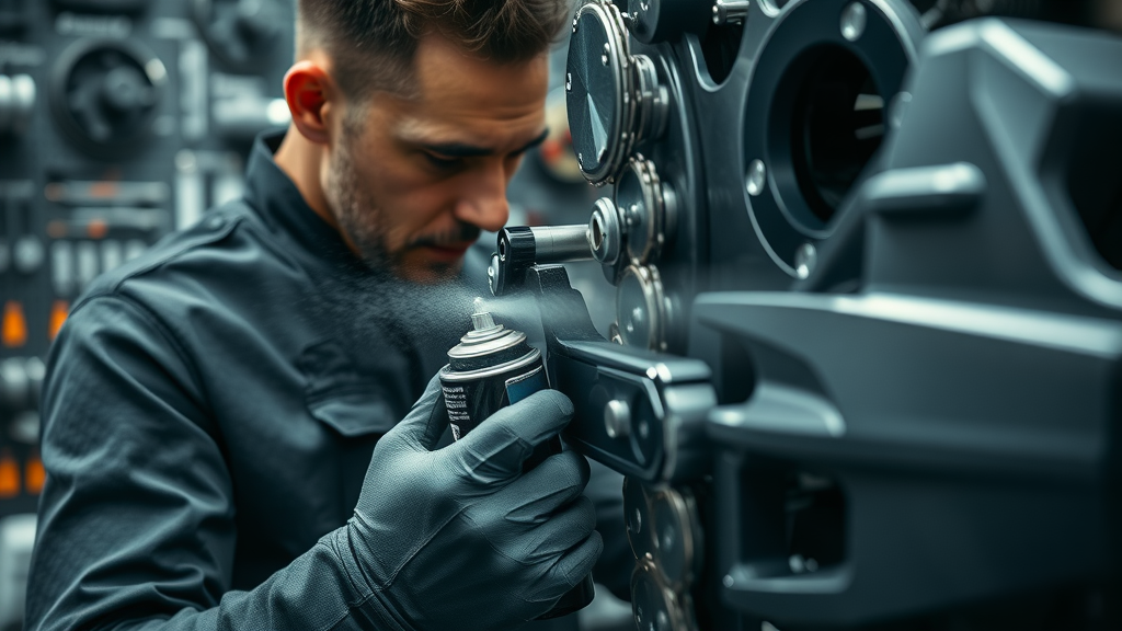 spring motorcycle maintenance checklist: Mechanic lubricating motorcycle chain with spray in a well-organized garage