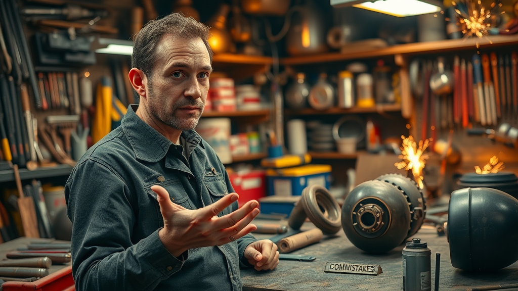 spring motorcycle maintenance checklist: Mechanic gesturing toward a cluttered workbench with worn motorcycle parts labeled as common mistakes in a magical fantasy workshop