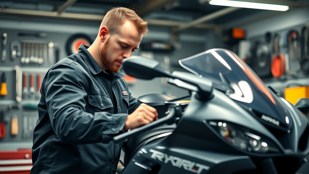 motorcycle spring tune-up mechanic inspecting sport motorcycle in service garage, organized tools, riding season preparation