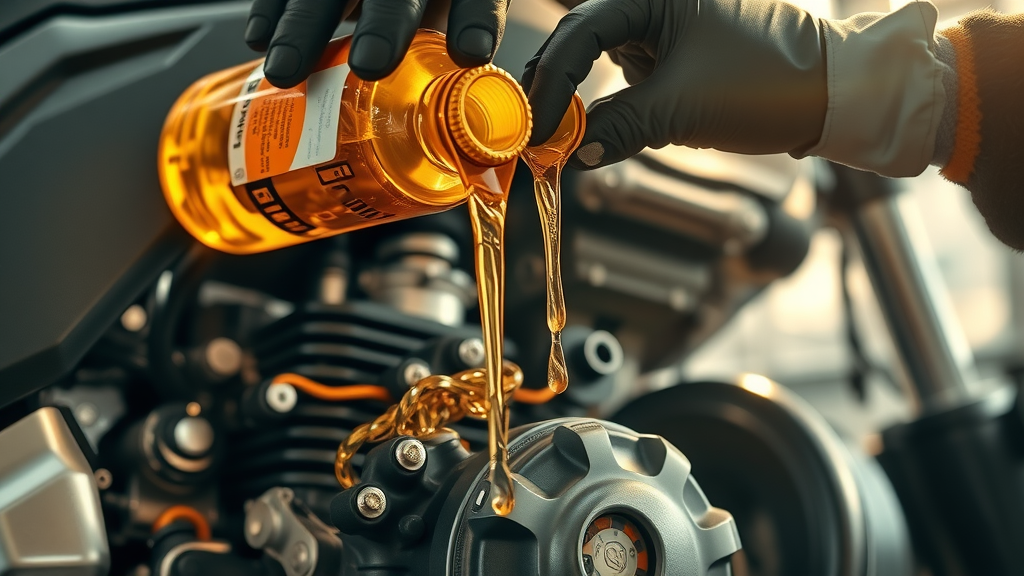 motorcycle spring tune-up fresh golden engine oil change, maintenance checklist mechanic glove, air filter check, workshop daylight
