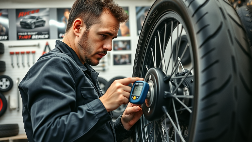 motorcycle spring tune-up digital tire pressure gauge, tire tread inspection, open road readiness, wheel alignment, maintenance checklist