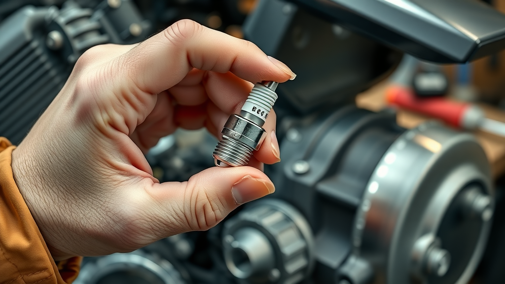 motorcycle spring tune-up spark plug replacement macro, engine maintenance, meticulous technician hand, maintenance checklist