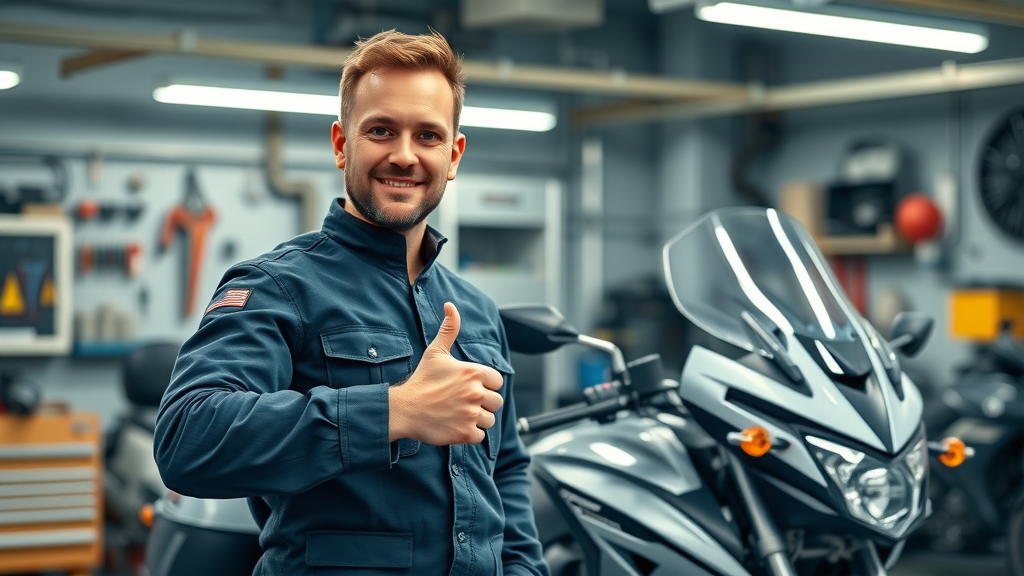motorcycle maintenance checklist expert technician thumbs-up, riding season workshop, reliable service