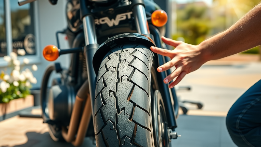 well-maintained motorcycle in spring setting, mechanic inspecting front tire, motorcycle maintenance checklist
