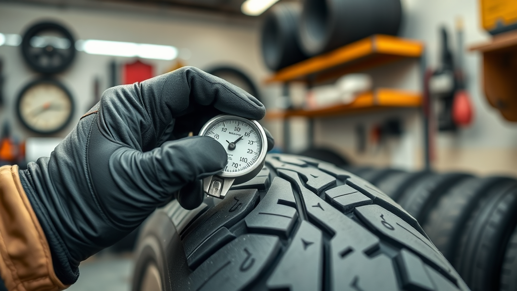 Close-up of tread gauge measuring motorcycle tire depth, visual tire inspection for motorcycle tire inspection spring