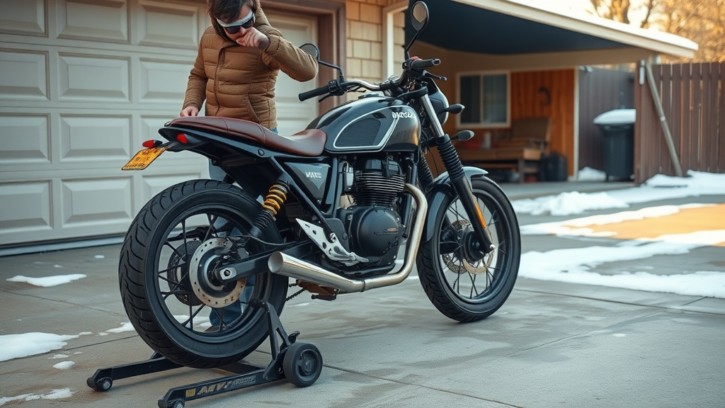 motorcycle on center stand, owner inspecting tires in spring after winter storage, motorcycle maintenance