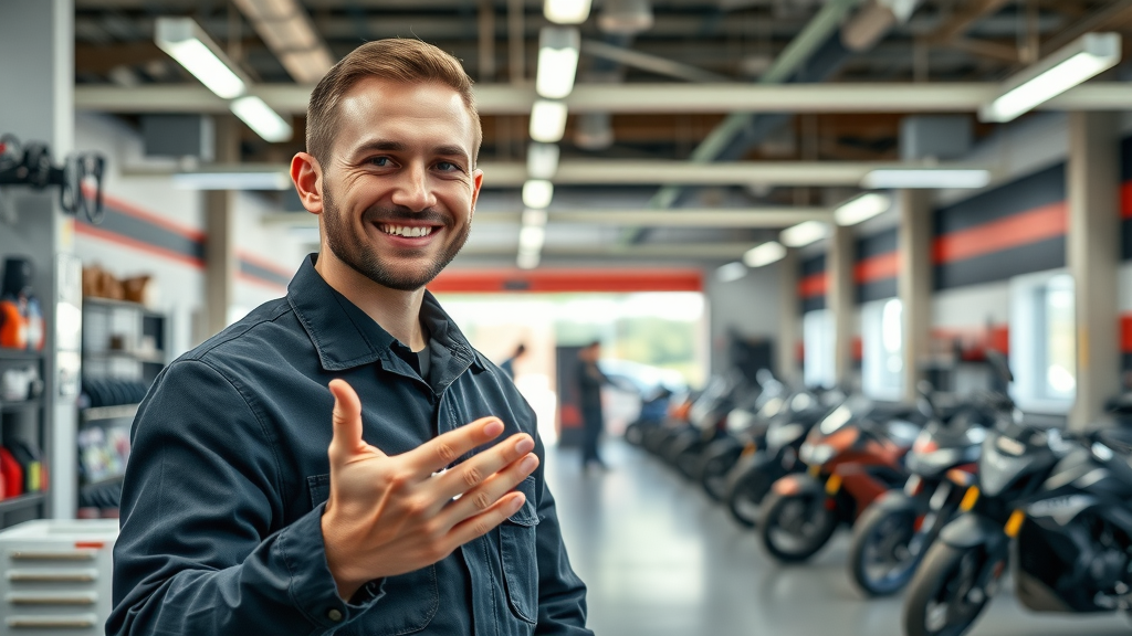 Motorcycle service shop professional mechanic, ready to perform motorcycle tire inspection spring