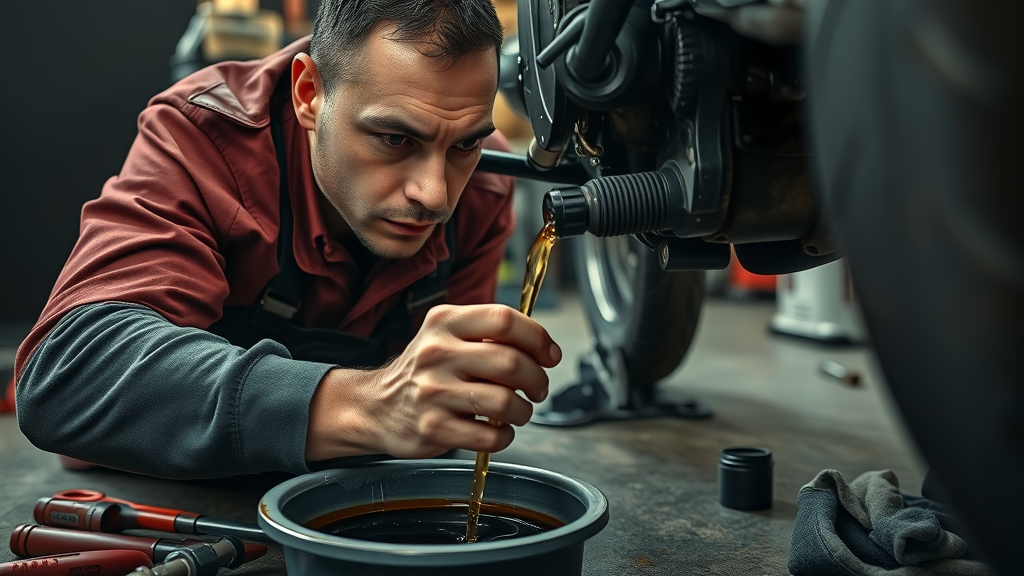 mechanic draining motorcycle oil floor tools drain plug filter replacement