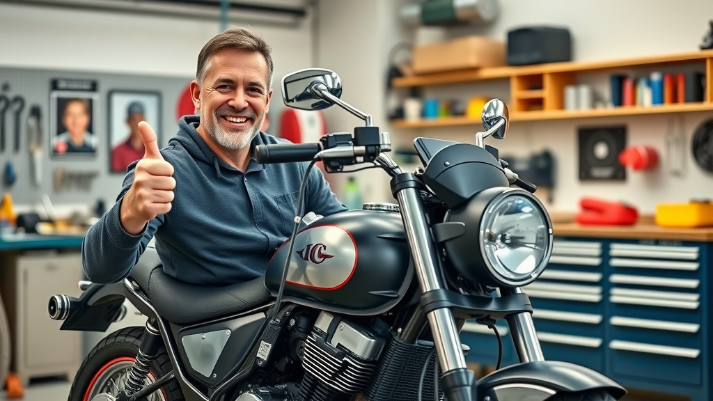 spring motorcycle oil change happy owner thumbs-up engine parts clean maintenance