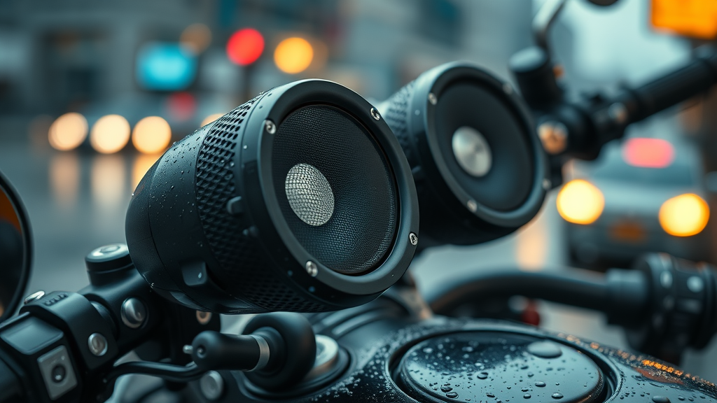 weatherproof motorcycle speakers with water droplets, best motorcycle audio systems, rainproof, black and silver, urban background
