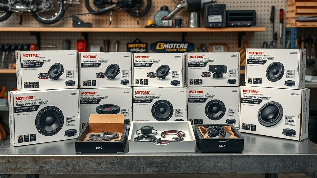 array of best motorcycle audio system brands with speaker packaging, wiring, and tools in a workshop, metallic finishes