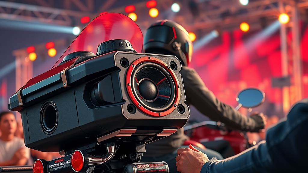 Rockford Fosgate motorcycle audio system on touring bike, rider adjusting controls, speakers with music wave visuals, festival background