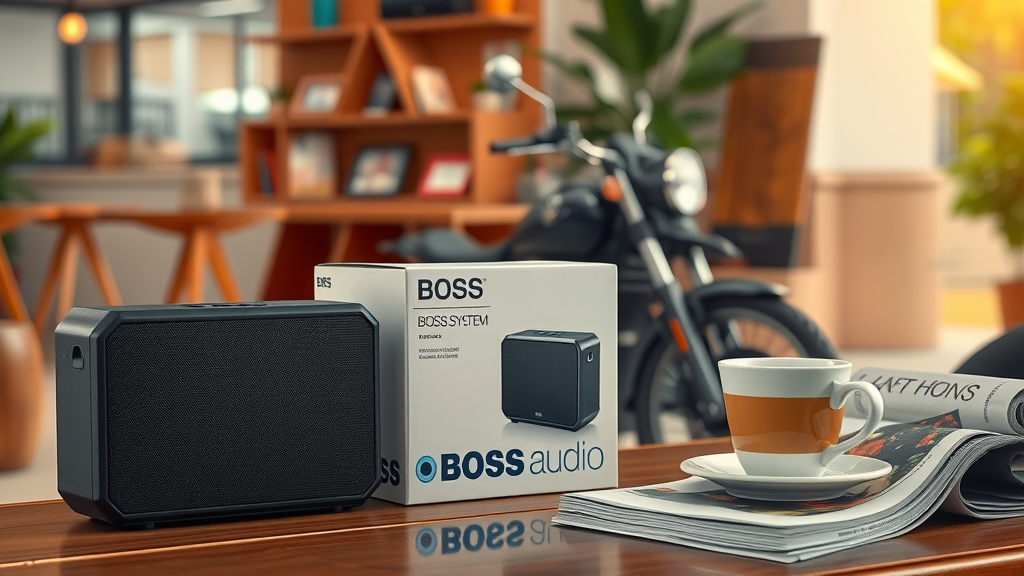 affordable Boss Audio Systems MCBK420B motorcycle audio system, compact speaker, relaxing cafe with motorcycle, budget-friendly audio