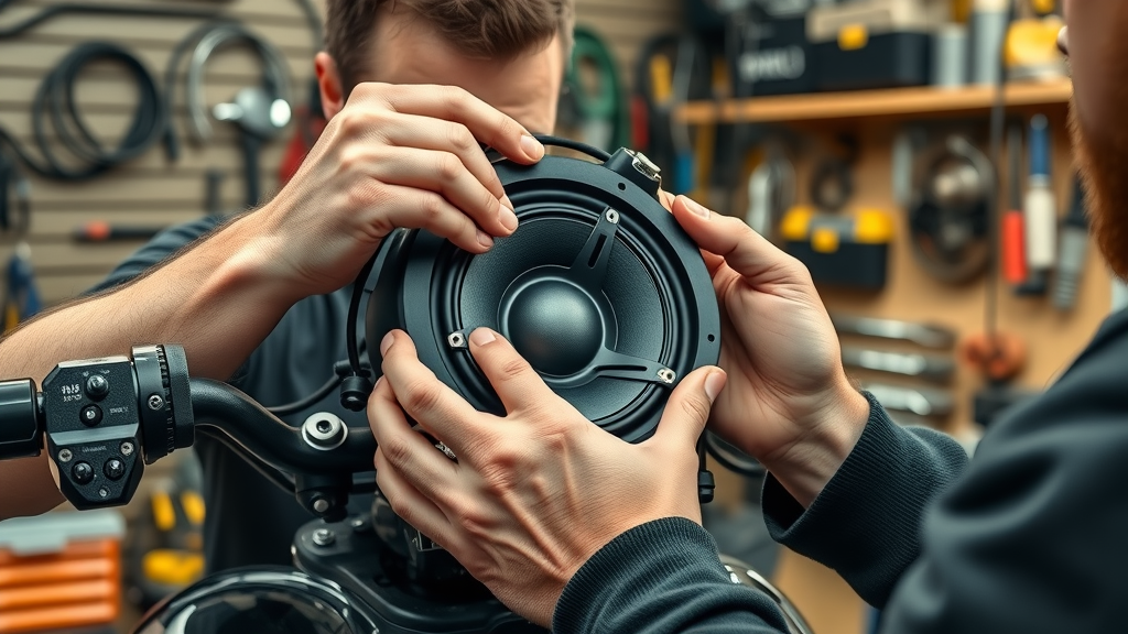 installing motorcycle audio speaker system, hands in workshop, wiring, best motorcycle audio systems, fairing installation