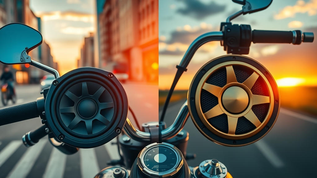 budget vs premium motorcycle audio systems comparison, city vs open road background, contrasting speaker designs