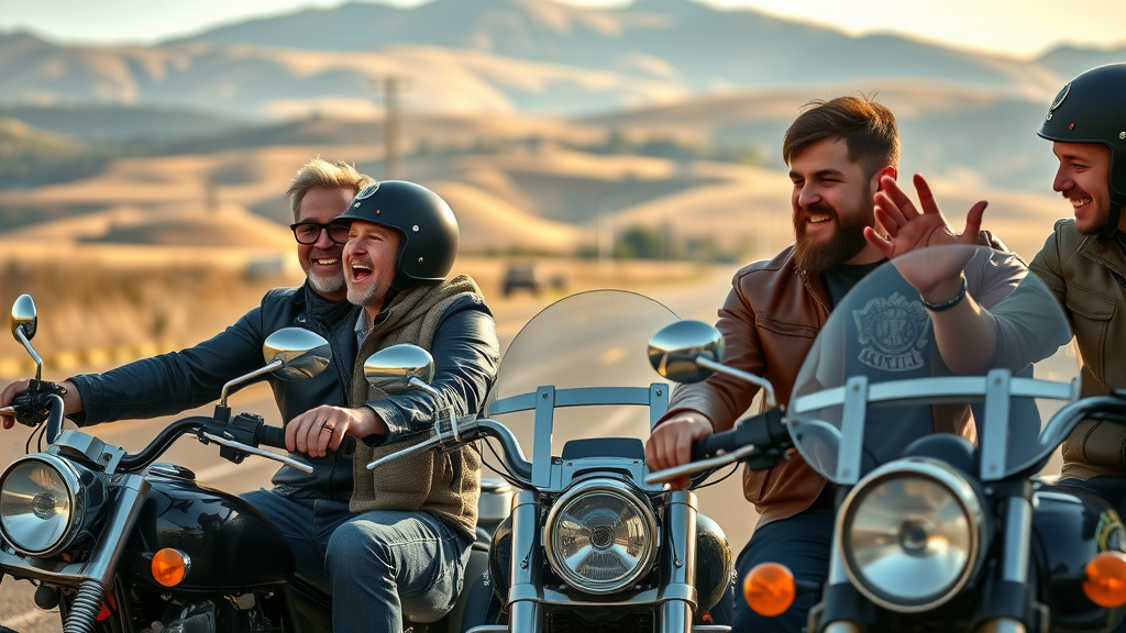 group of bikers enjoying best motorcycle audio systems at rest stop, leather jackets, happy, music, scenic landscape, natural colors