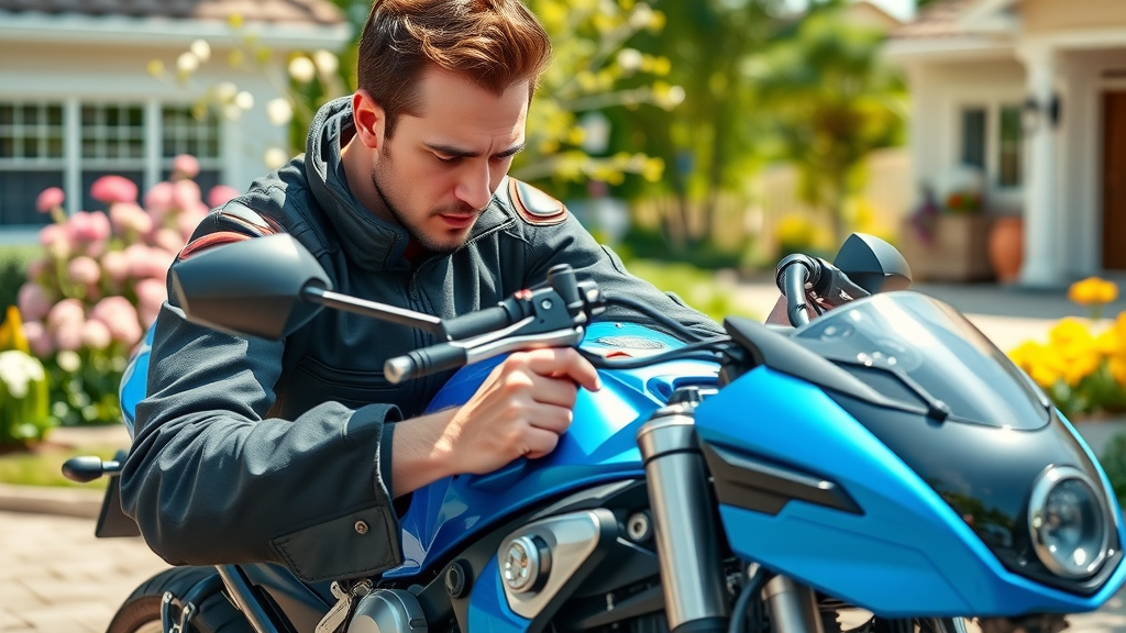 spring motorcycle brake check rider inspecting brakes in spring garden driveway