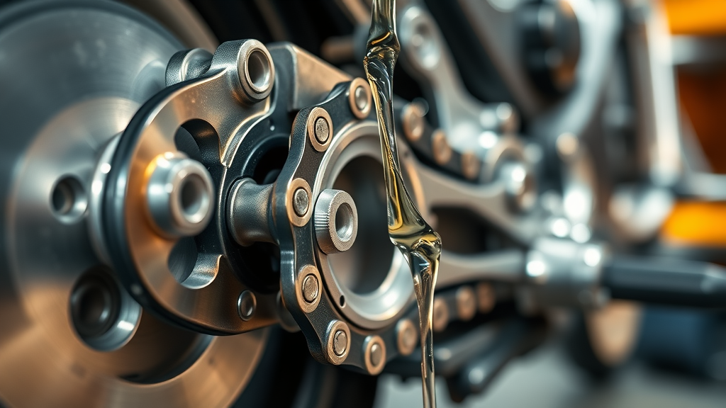 motorcycle chain lubrication spring application in a workshop, showing maintenance in progress, oil droplets, roller chain, tools