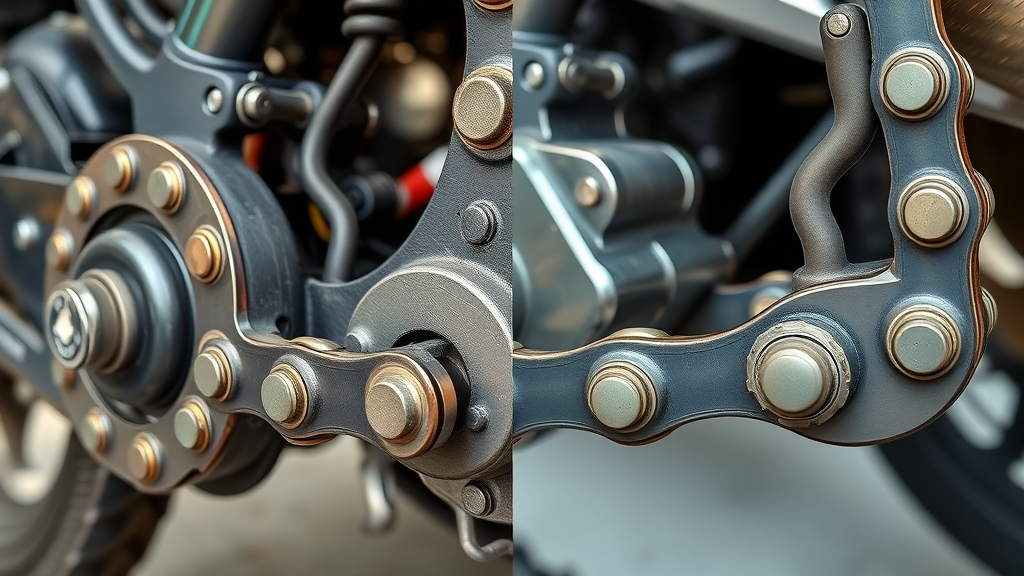 Comparison of motorcycle chain lubrication spring versus standard worn chain, showing performance and wear differences, roller chain, high detail, weather chain conditions