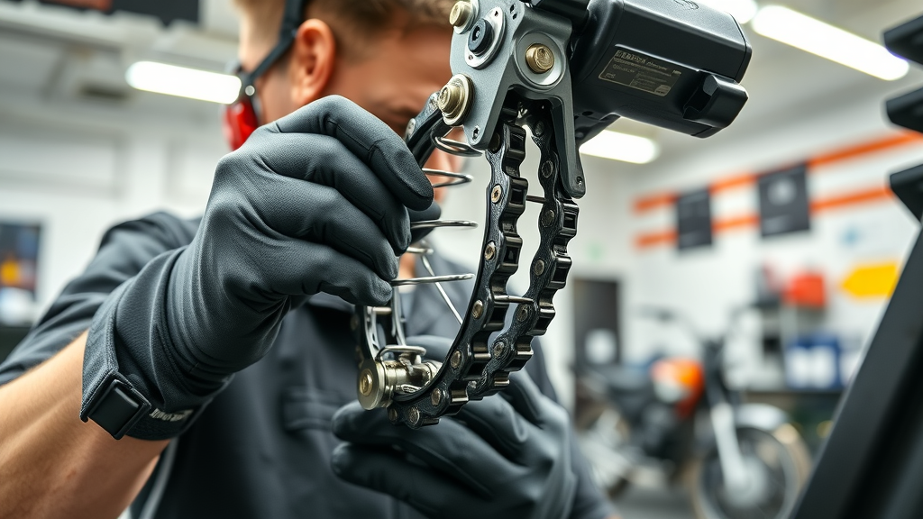 step-by-step motorcycle chain lubrication spring installation, showing gloved hands, clean roller chain, workshop setting