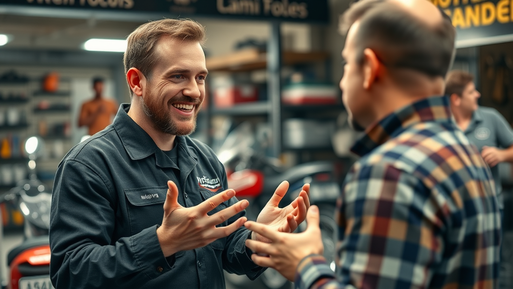 expert motorcycle mechanic giving maintenance advice on chain lubrication spring use, animated interaction, repair shop, roller chain on bike