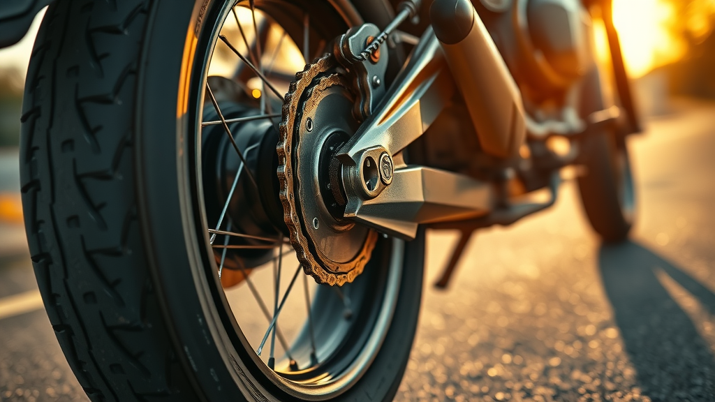 motorcycle rear wheel and warm chain after ride, applying lubricant, showing heat, effective for penetration