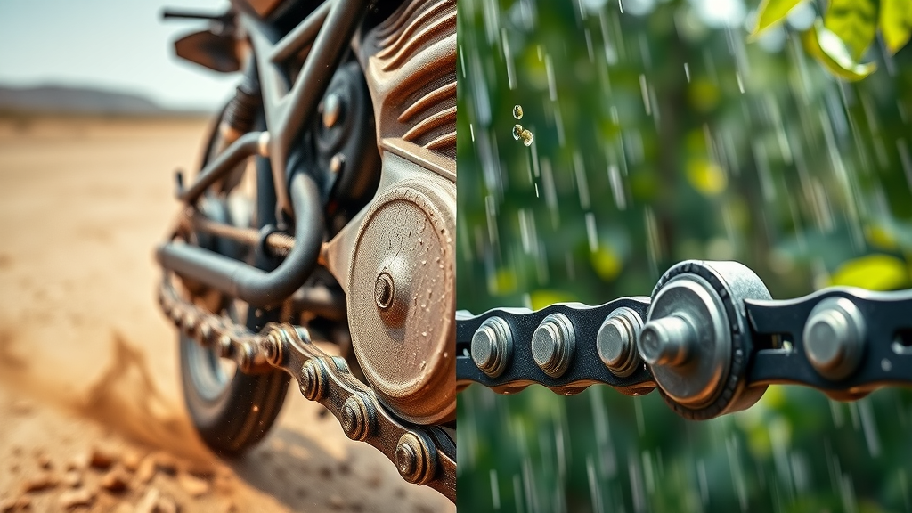 motorcycle chains exposed to wet and dry climates, dry vs. wet lubricant effectiveness, roller chain and rain/dust