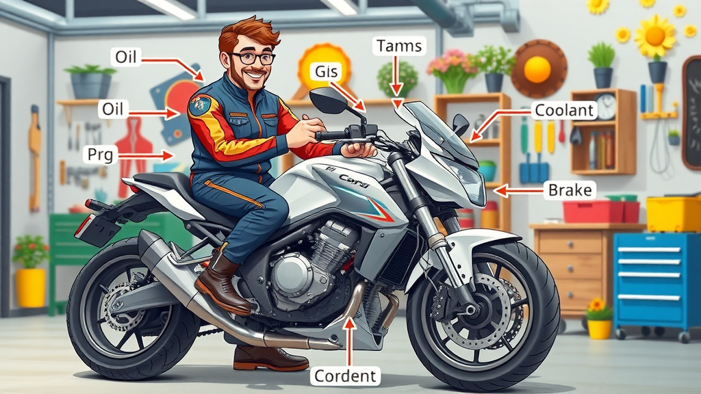 motorcycle maintenance checklist diagram, labeled arrows: oil, coolant, brake fluid, gas tank, rider in overalls, spring decorations, garage, virtual illustration