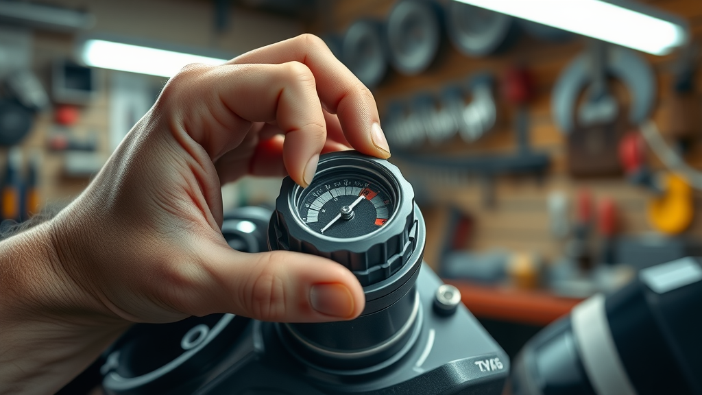 motorcycle brake fluid level inspection, hand unscrewing cap, clean reservoir, organized workshop